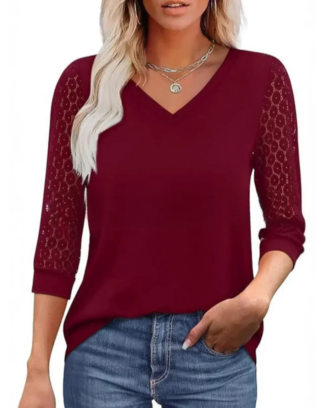 Linnea Lace Sleeve V-Neck Blouse