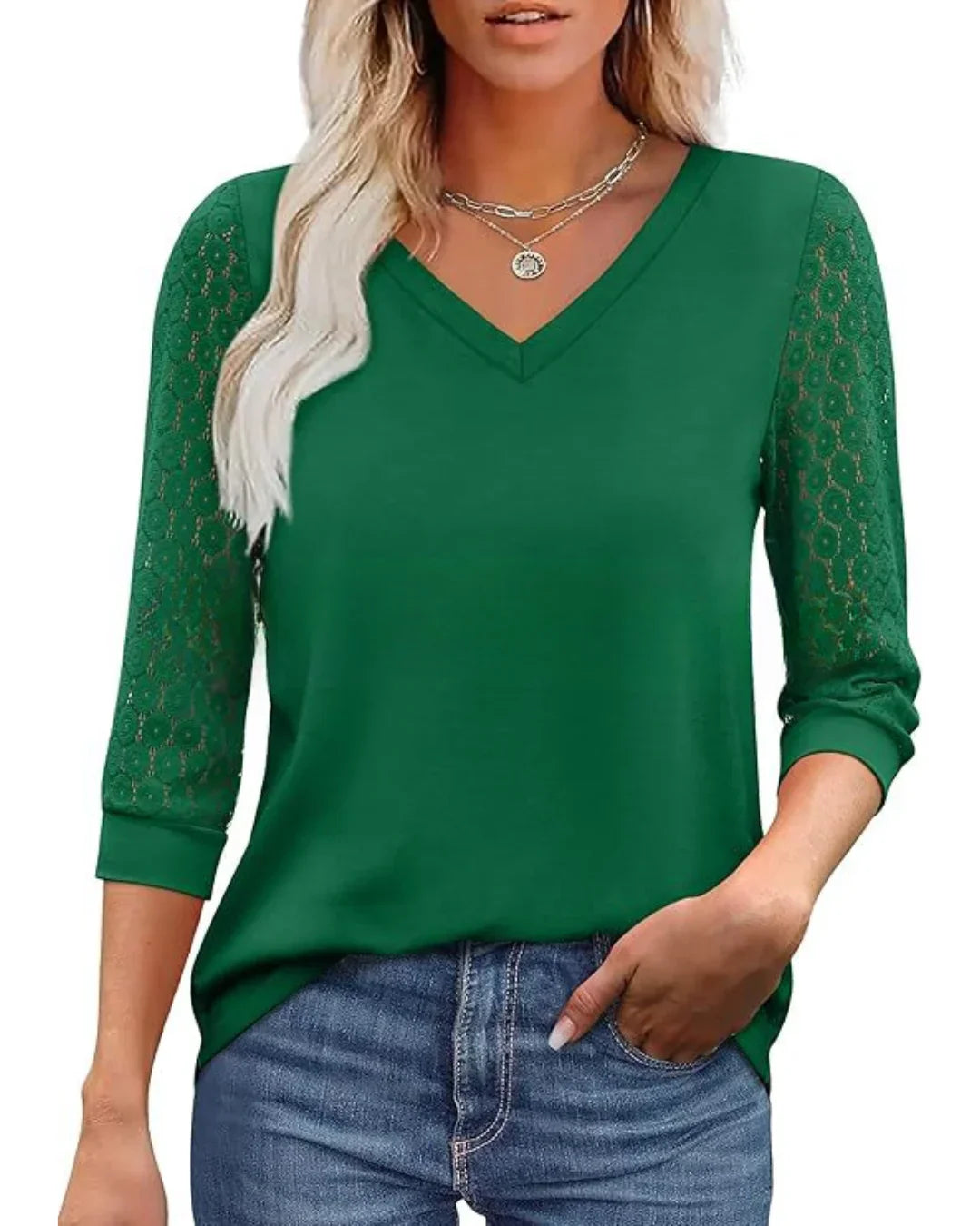 Linnea Lace Sleeve V-Neck Blouse