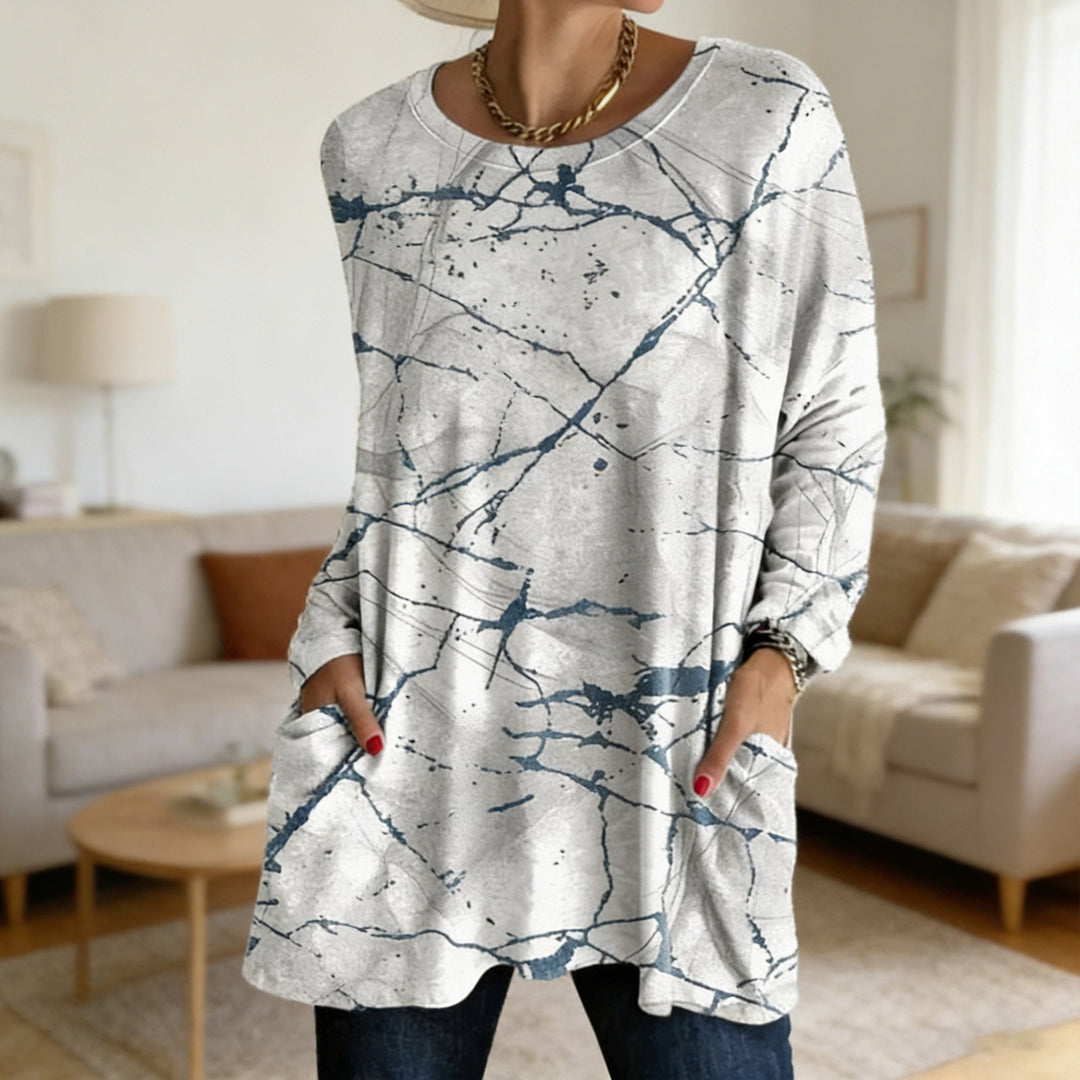 Soft Cotton Loose Fit Marble Print Long Sleeve Tunic Top