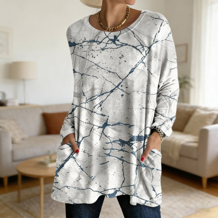 Soft Cotton Loose Fit Marble Print Long Sleeve Tunic Top